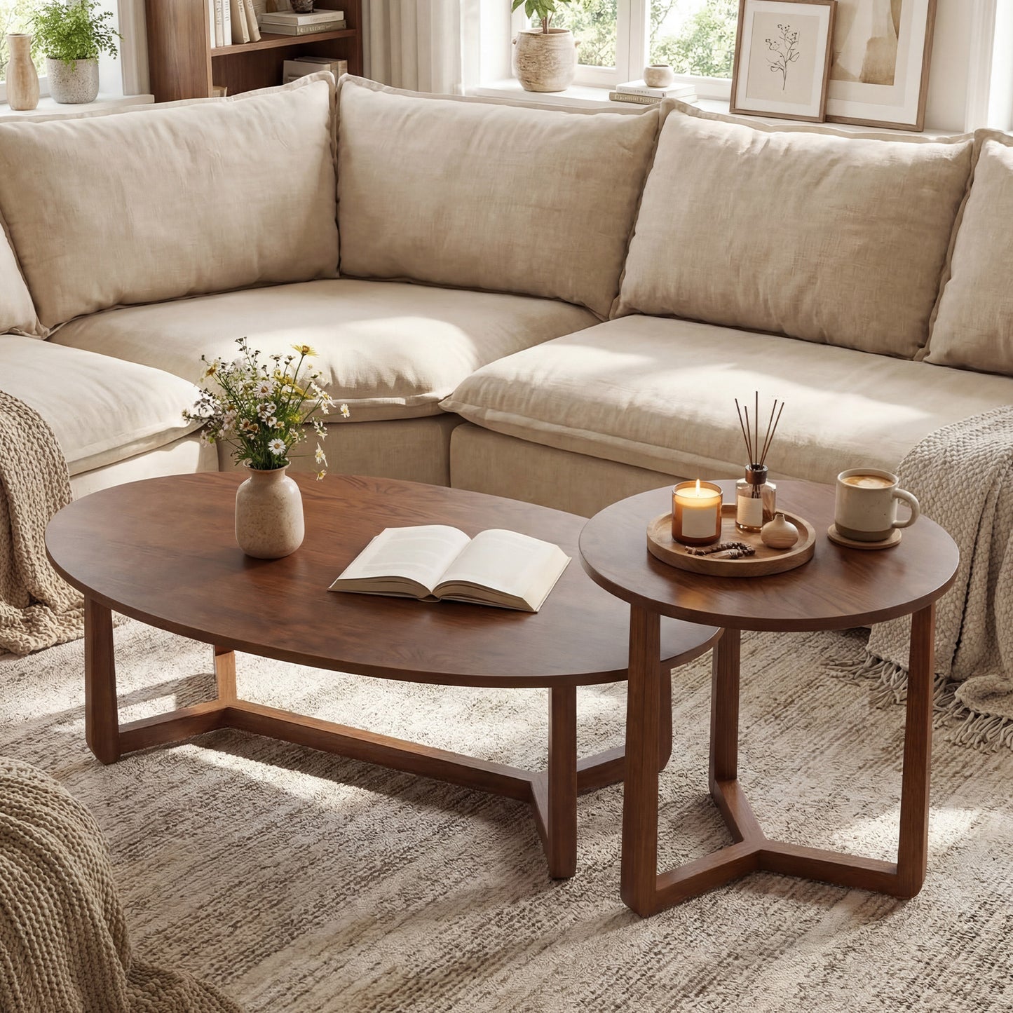 Set of two nesting coffee tables with wood veneered tops and solid rubber wood legs, natural finish, modern living room furniture