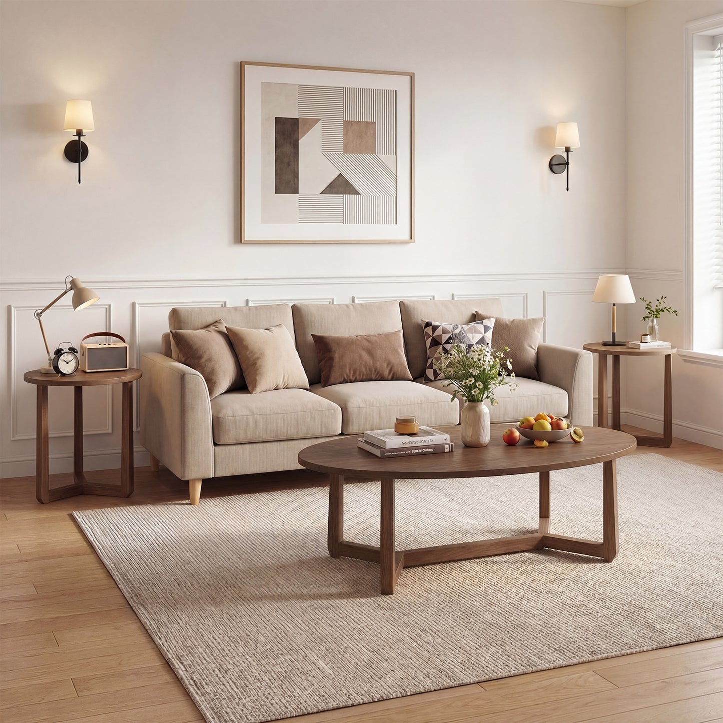 Set of three nesting coffee tables with wood veneered tops and solid rubber wood legs for living room decor