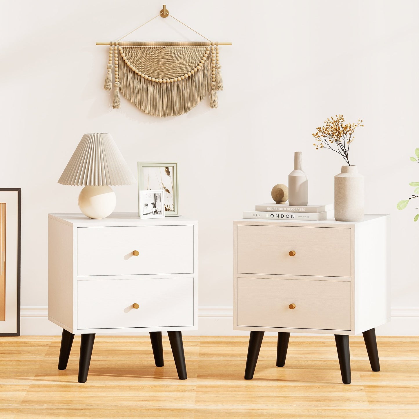 Nightstand Set of 2 Mid Century Modern Bedside Table with Golden Knobs and Raised Support Legs