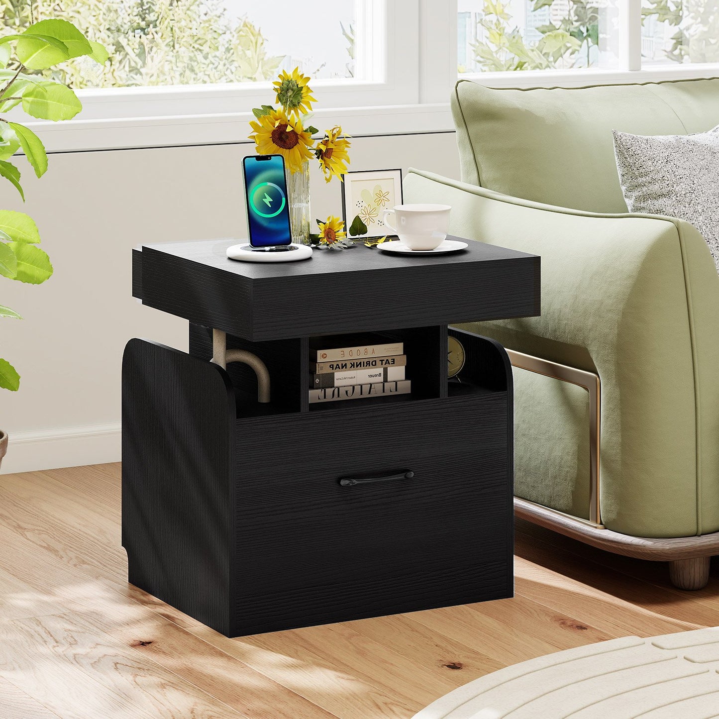 Nightstand with Charging Station Modern Bedside Table for Living Room Bedroom Office-Black