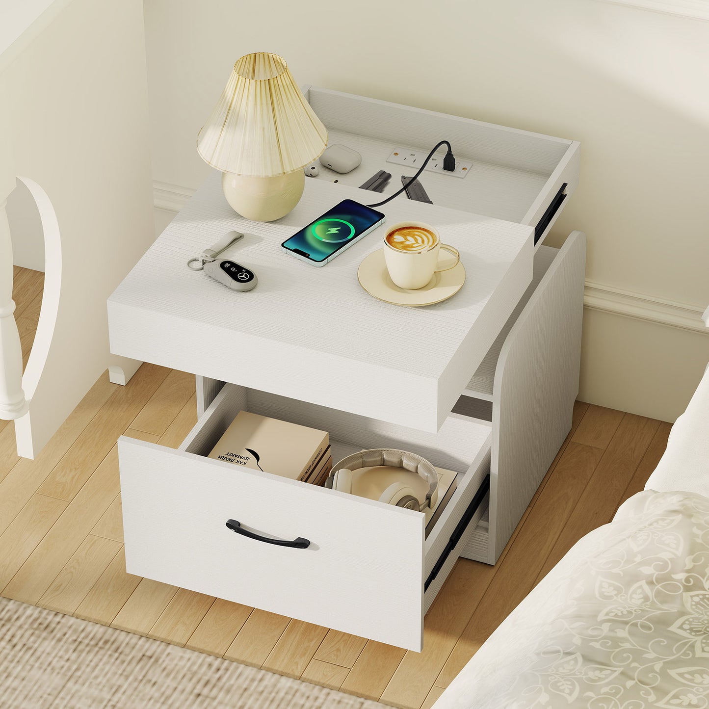 Nightstand with Charging Station Modern Bedside Table for Living Room Bedroom Office-Black