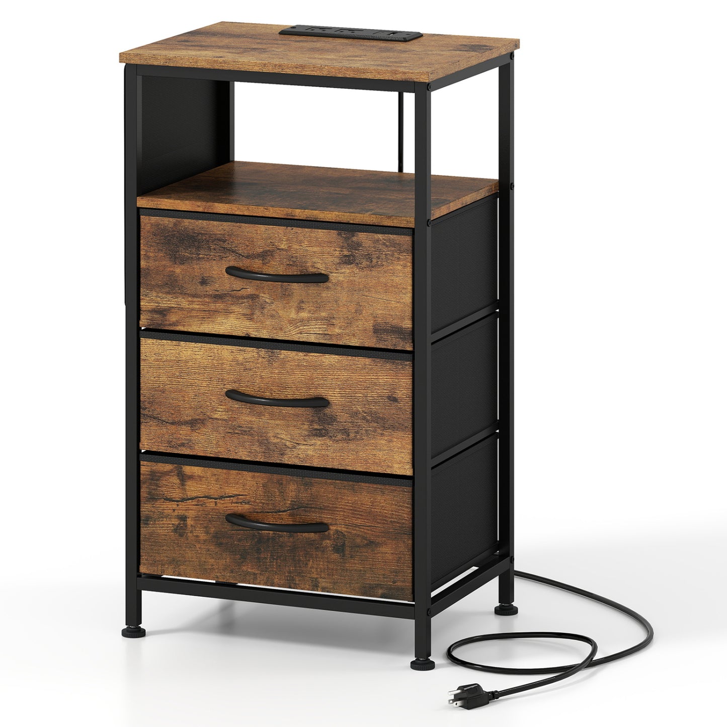 Nightstand with Charging Station 27.5 inch Modern Bedside Table with 3 Fabric Drawers-Black