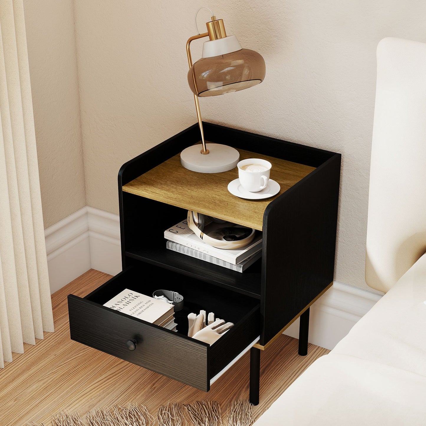 Nightstand with Drawer 3-Tier Sofa Side Table with Open Storage Shelf Set of 2-Black