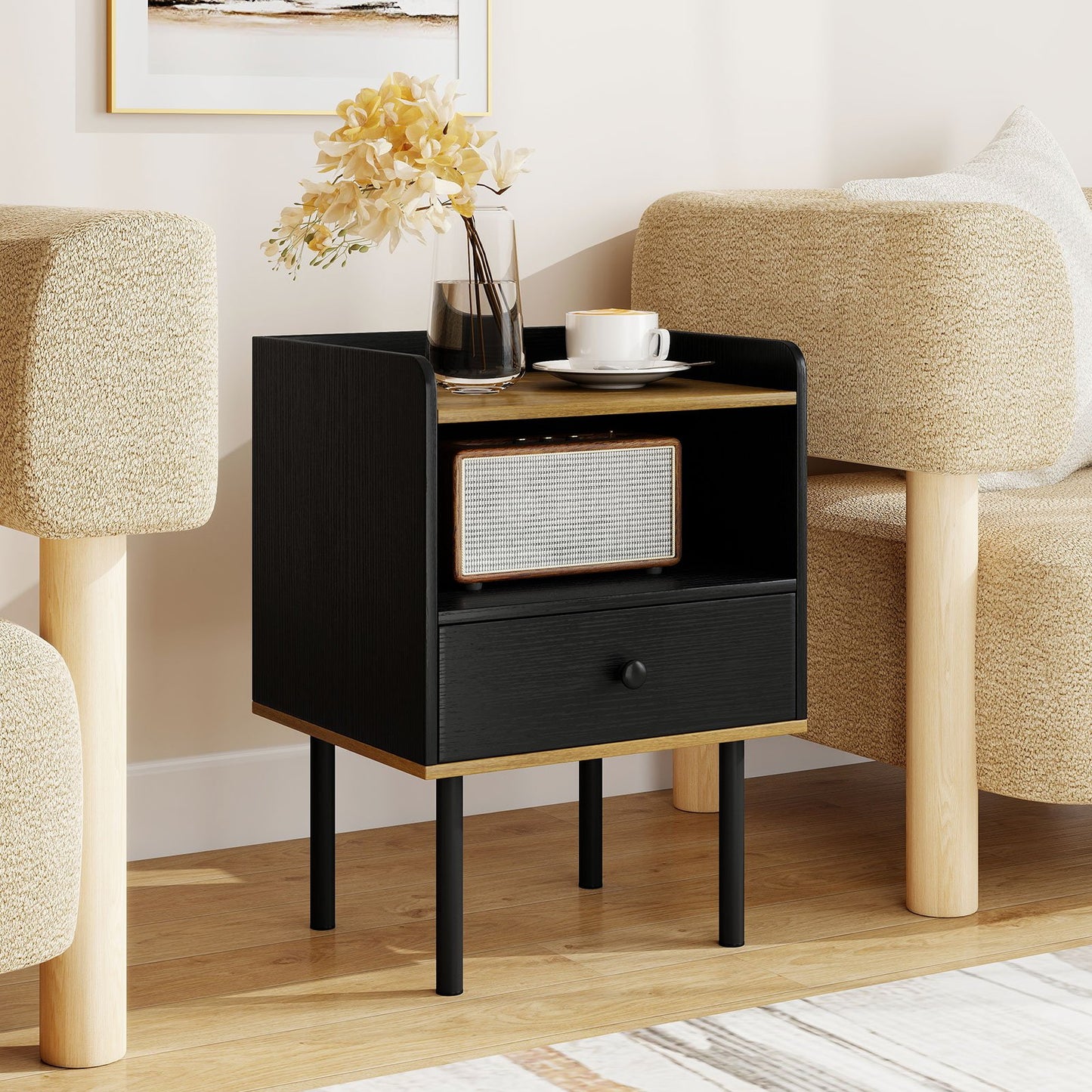 Nightstand with Drawer 3-Tier Sofa Side Table with Open Storage Shelf-Black