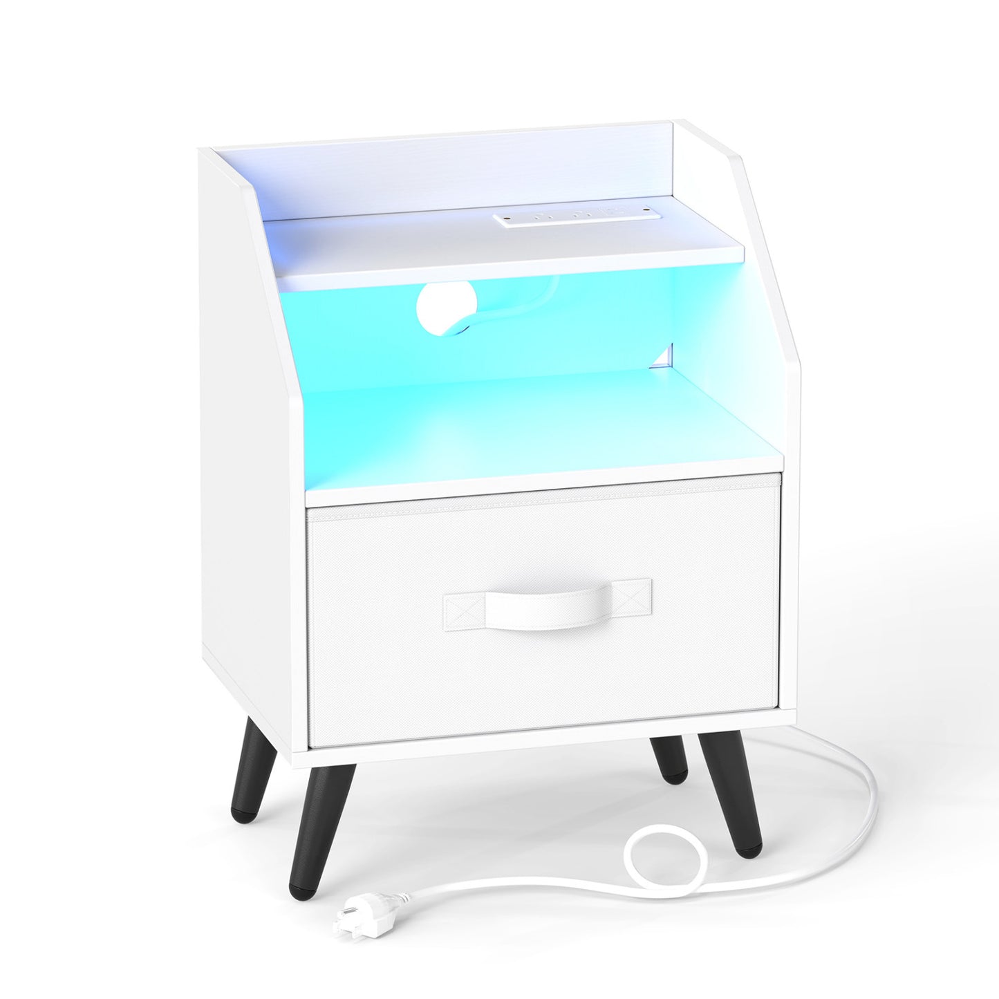 Nightstand with Power Outlets and Open Storage Shelf for Living Room-White