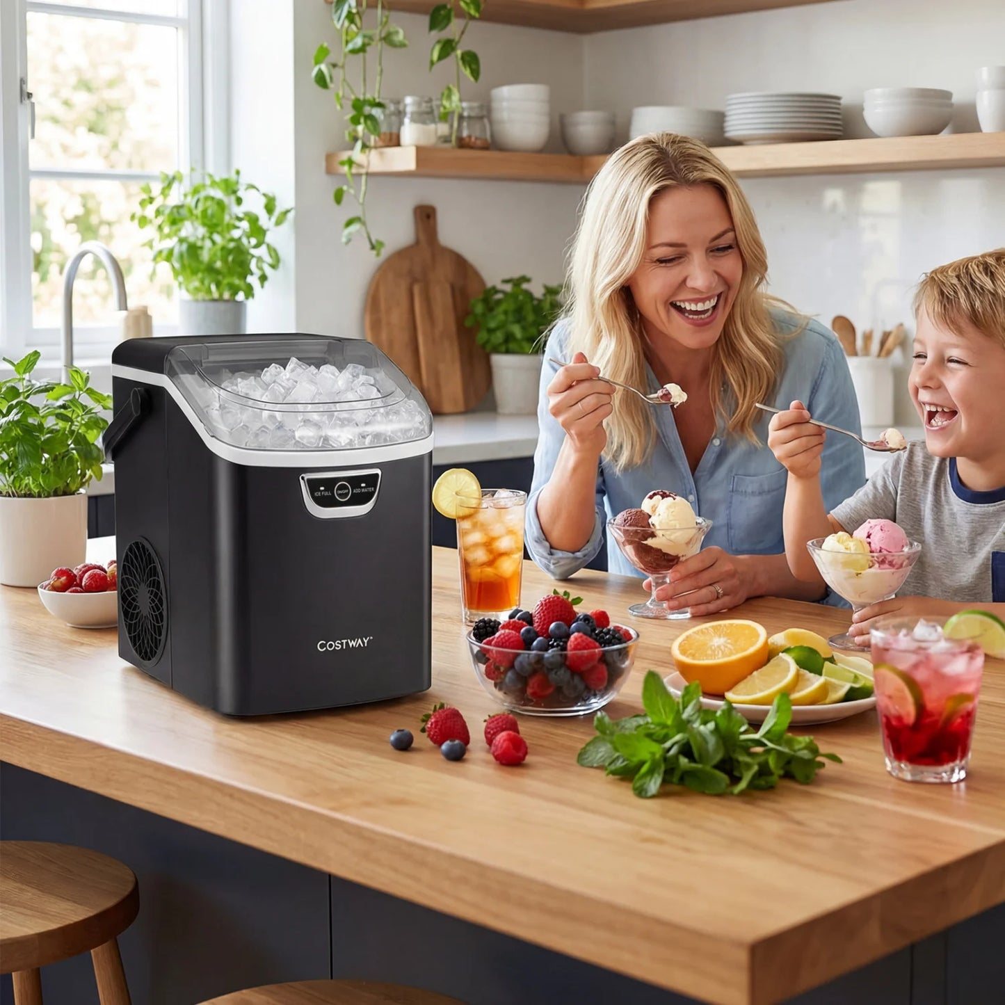 Nugget Ice Maker Countertop with Audible Ice Full Alarm-Black