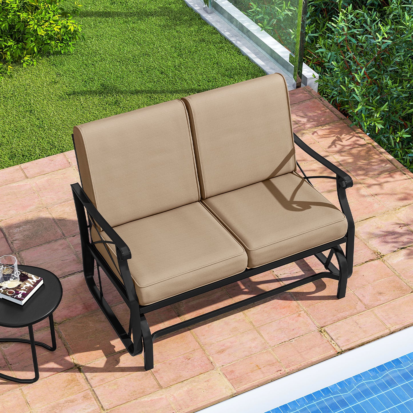 Outdoor 2-Person Glider Rocking Chair Loveseat with Thick Cushions and Metal Frame-Brown