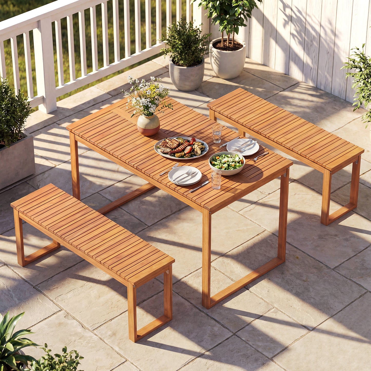 Outdoor Acacia Wood Dining Table with Slatted Tabletop for Garden