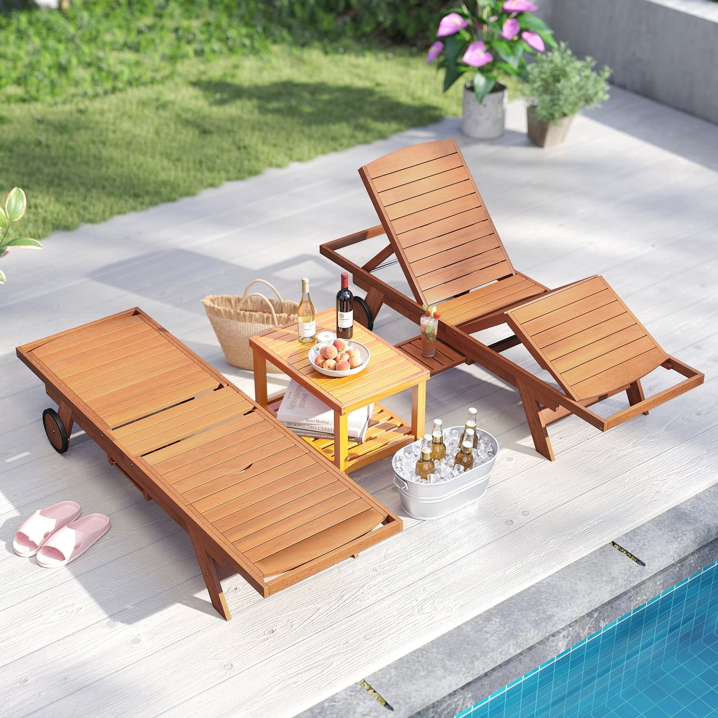 Outdoor Chaise Lounge Chair with Wheels 4-Position Patio Wood Recliner with Adjustable Backrest