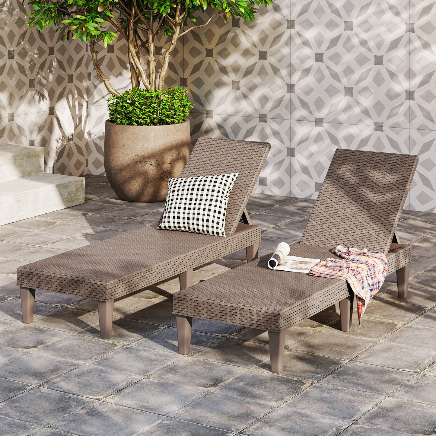 Outdoor Chaise Lounger Chair with Waterproof Rattan Textured PP Surface Set of 2-Black