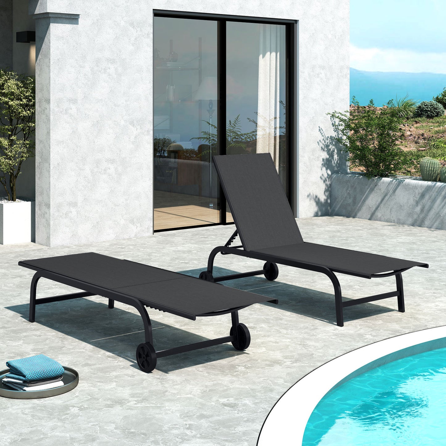 Outdoor Chaise Lounge Chair with Wheels and Metal Frame-Black