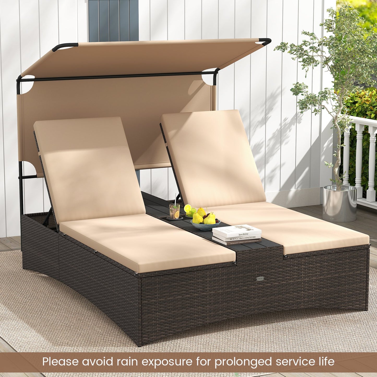 Outdoor Daybed with Adjustable Backrests 2-Person PE Rattan Patio Bed-Brown