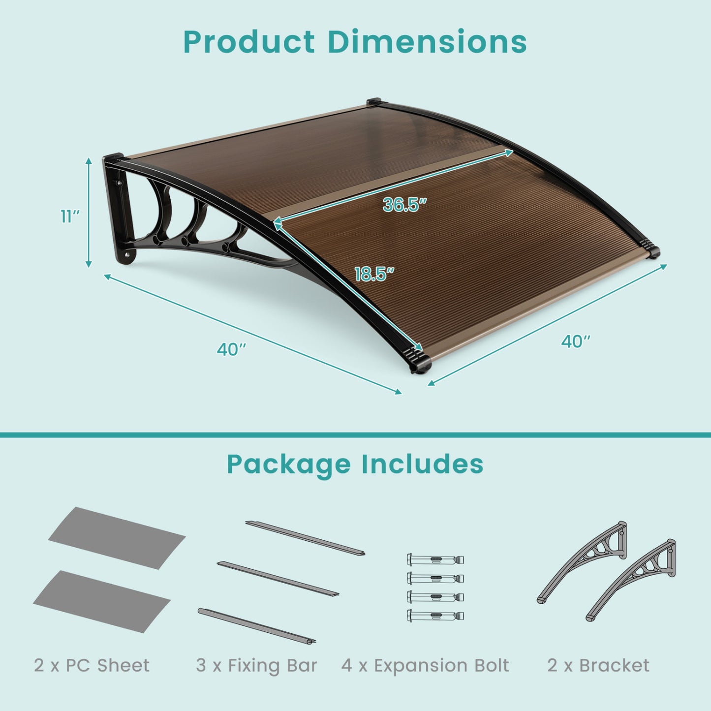 Outdoor front door patio awning by Wilsons Home Store, 40x40 inch shade providing sun, rain, snow, and wind protection.