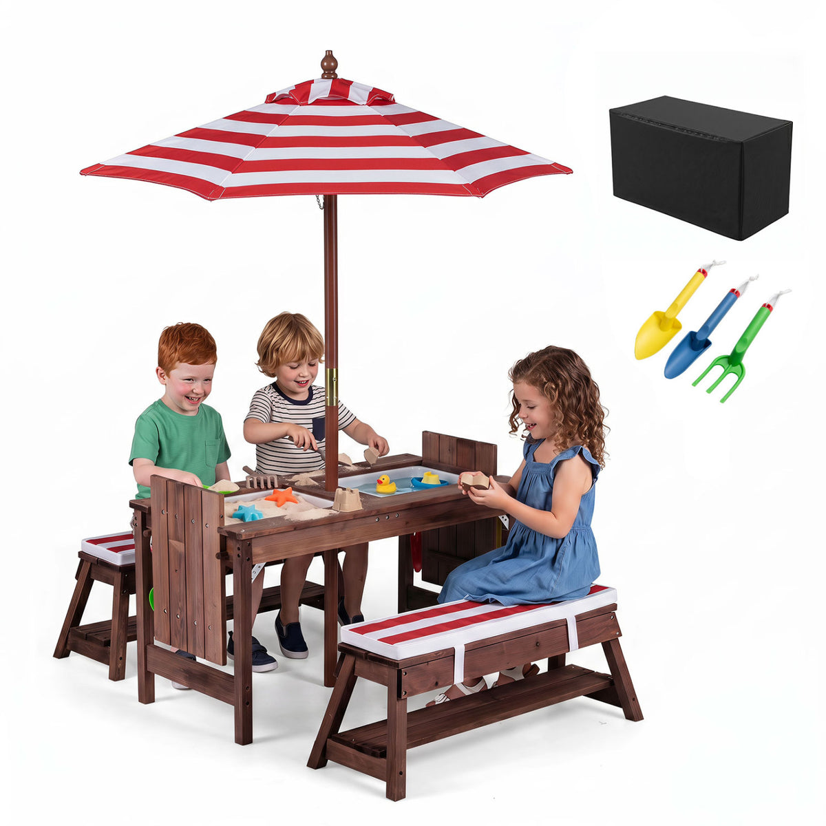 Red outdoor kids wooden picnic table with matching benches and umbrella, ideal for toddlers and young children.