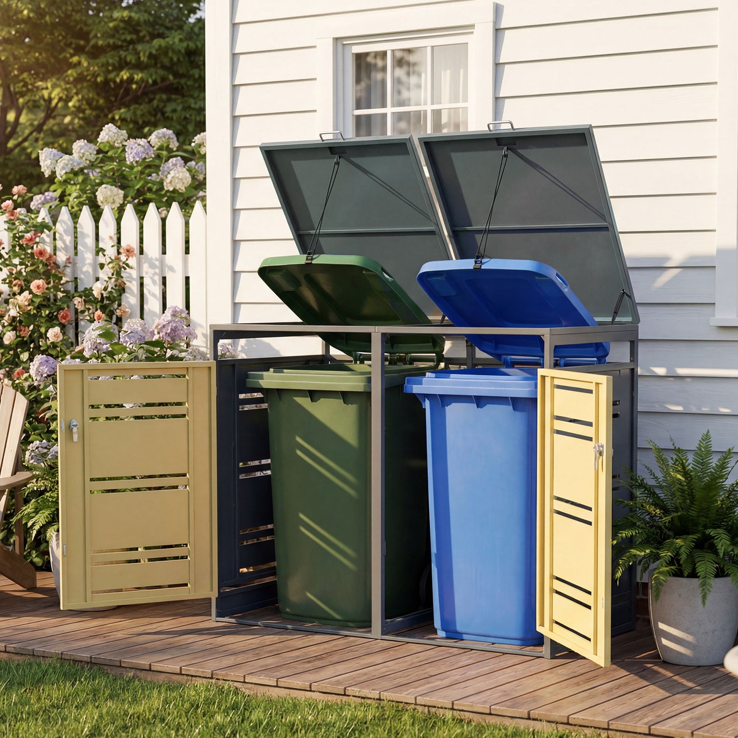 Outdoor Metal Garbage Bin Storage Shed for 2 Trash Cans-Yellow