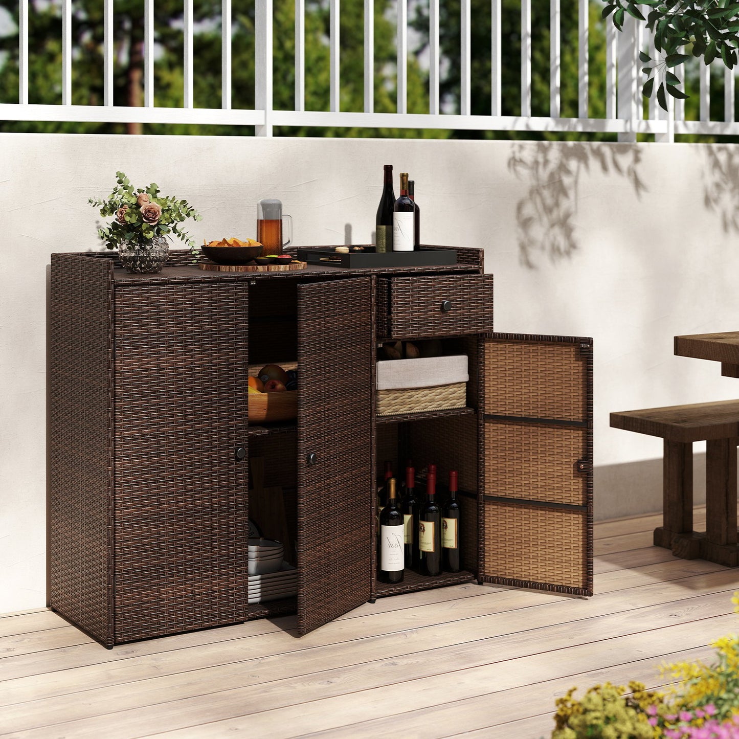 Outdoor PE Wicker Storage Cabinet with 3 Doors for Deck