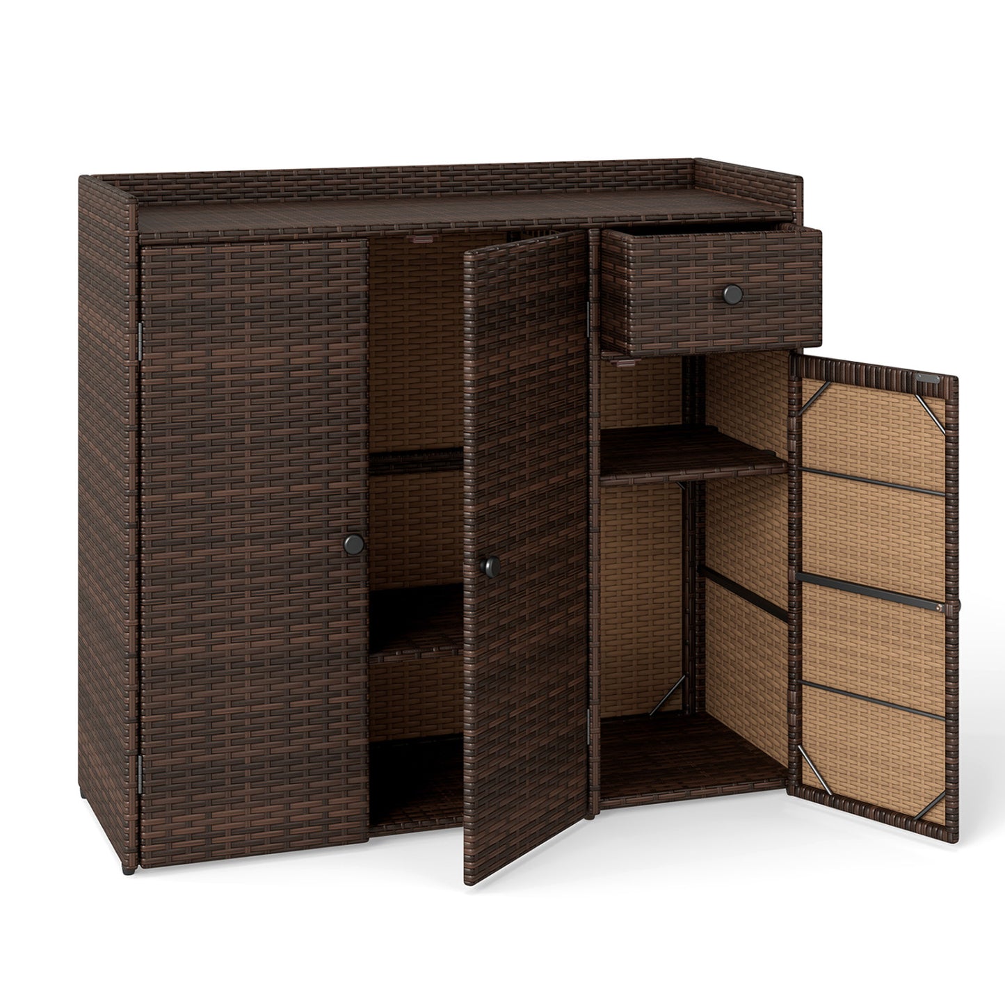 Brown outdoor PE wicker storage cabinet with 3 doors, adjustable shelves, and a drawer for outdoor storage and organization.
