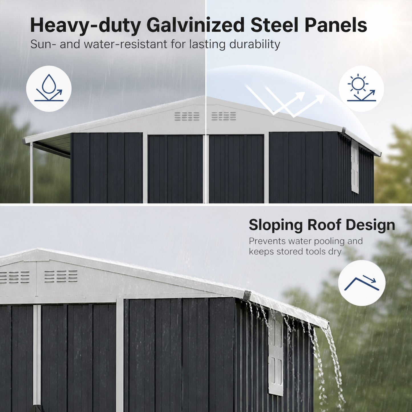 Outdoor Storage Shed with Lockable Double Sliding Door and Open Firewood Bay-Gray