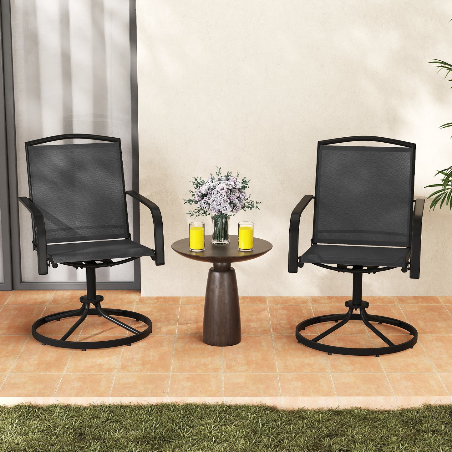 Outdoor Swivel Chairs Set of 2 with High Back and Breathable Seat-Black