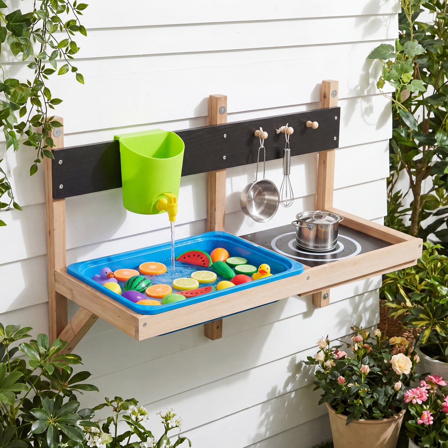 Outdoor wall-mounted mud kitchen for kids, part of pretend play kitchen sets by Direct by Wilsons Home Store, designed for ages 3+.
