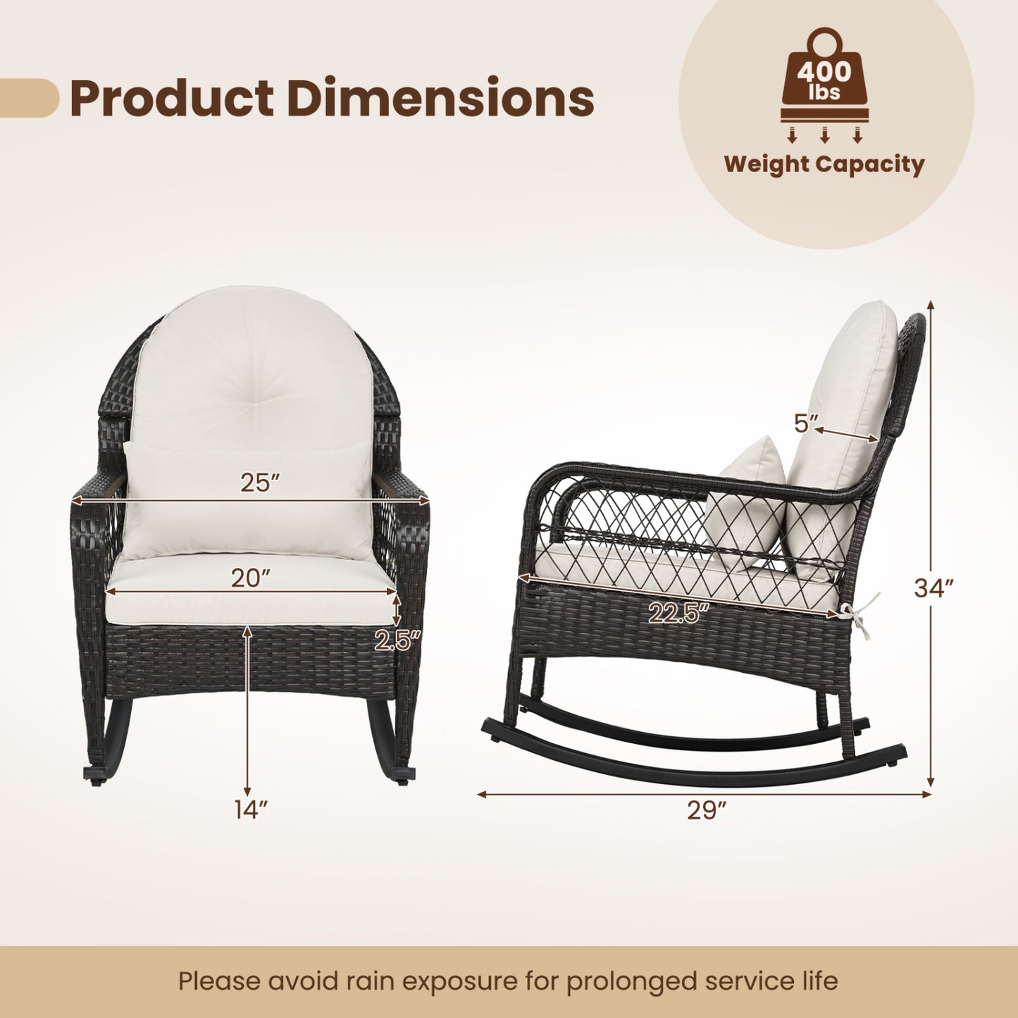 Outdoor Wicker Rocking Chair with Anti-Tip Stoppers 400 LBS for Porch Deck-Brown