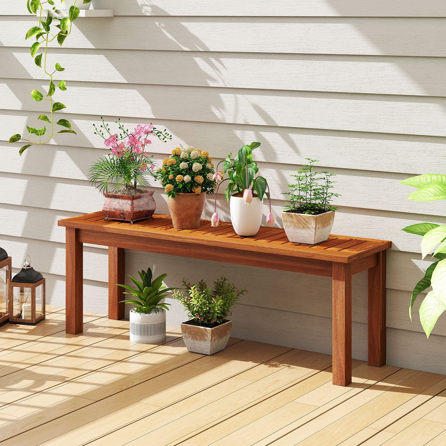 Outdoor Wood Bench 2-Person Backless Patio Garden Bench with Slatted Seat