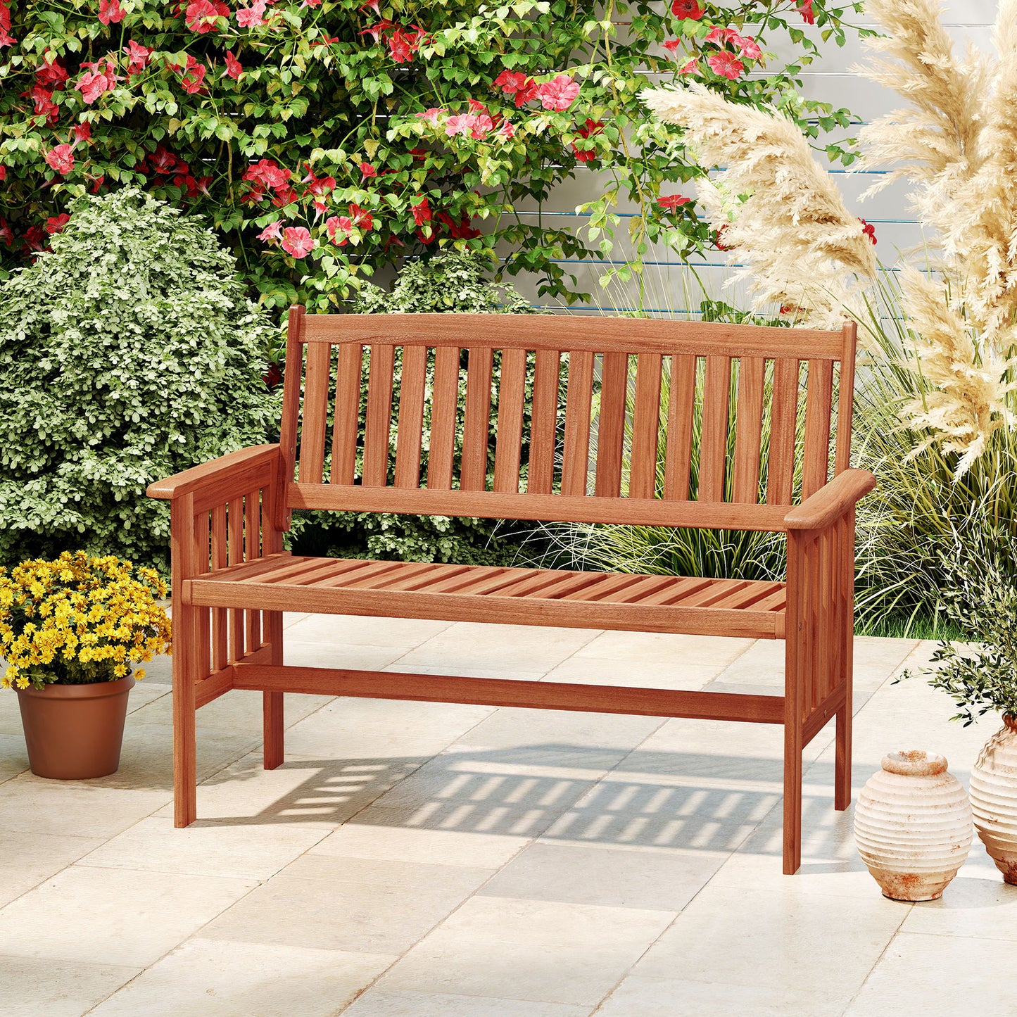 Outdoor Wood Garden Bench 2-Person Patio Park Bench with Backrest Armrests and Slatted Seat