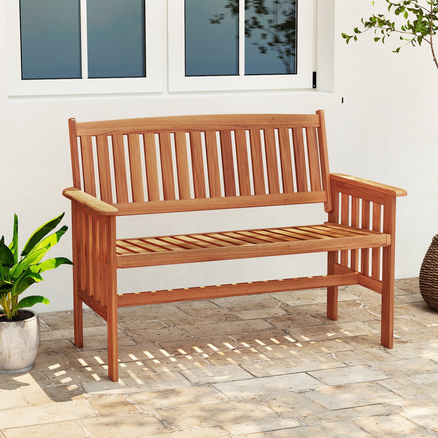 Outdoor Wood Garden Bench 2-Person Patio Park Bench with Backrest Armrests and Slatted Seat