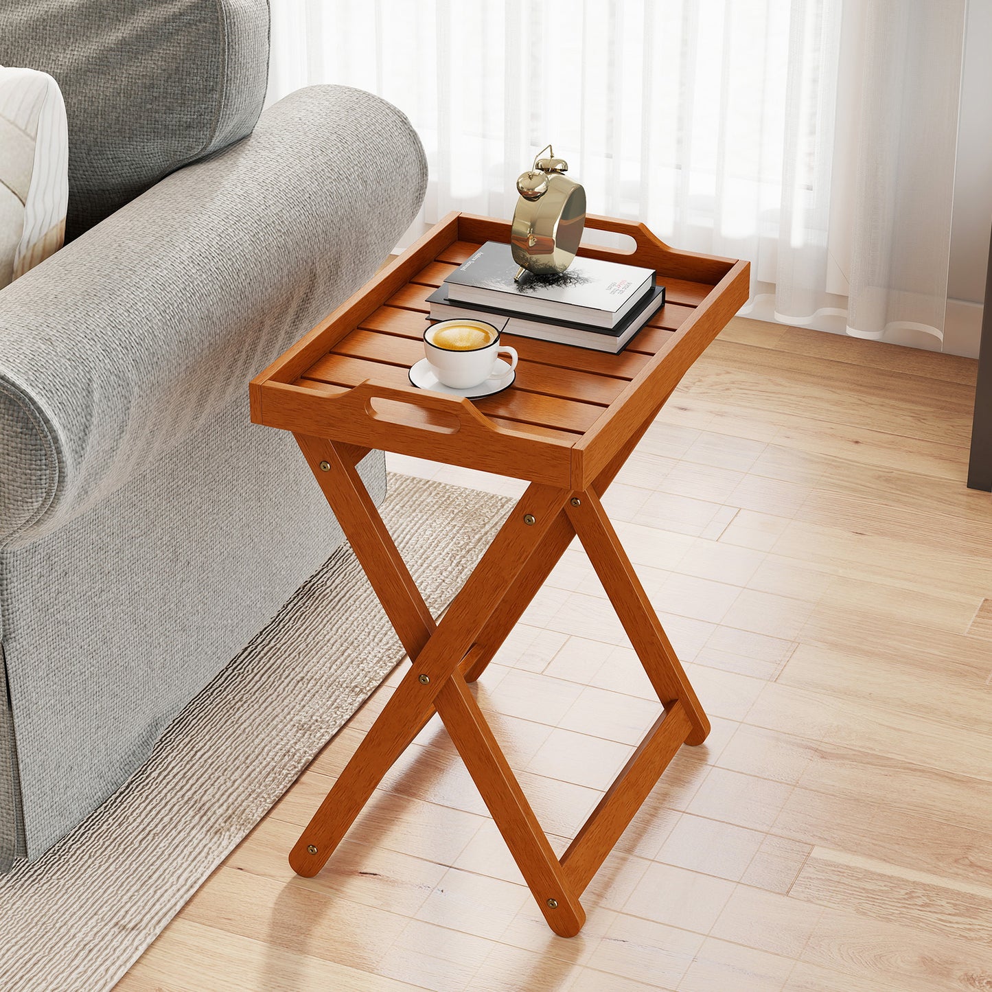 Outdoor Wood Tray Table Portable Side End Table with Folding Frame
