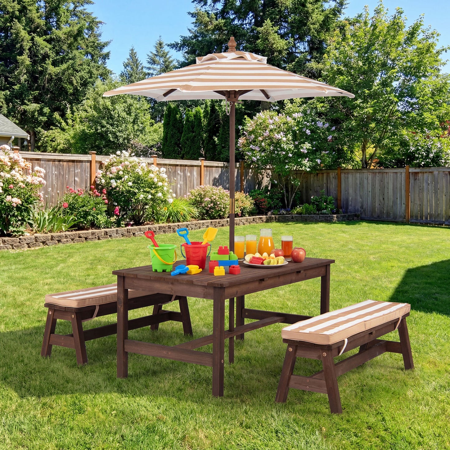 Outdoor Wooden Kids Picnic Table with Removable Umbrella and Cushions-Blue