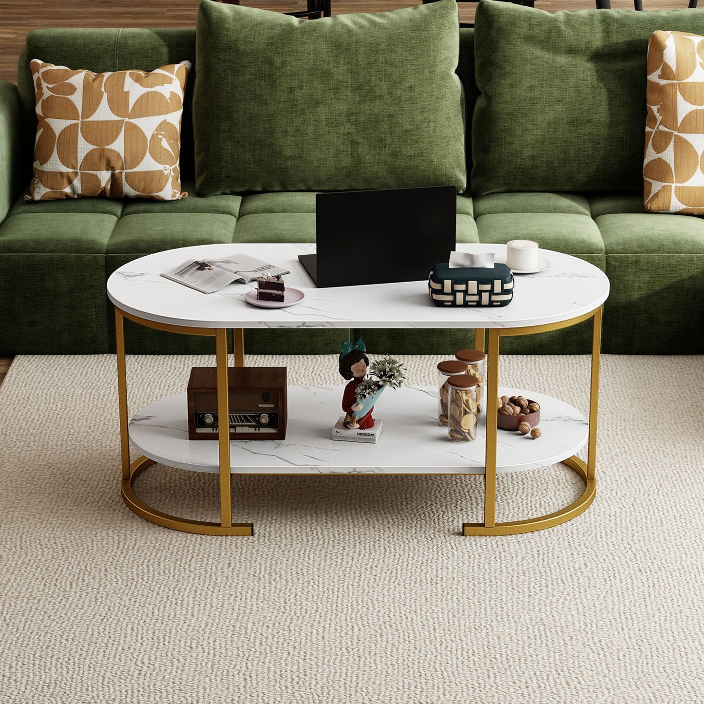 Oval Coffee Table 2-Tier Wooden Accent Table with Spacious Tabletop and Open Storage Shelf-Black