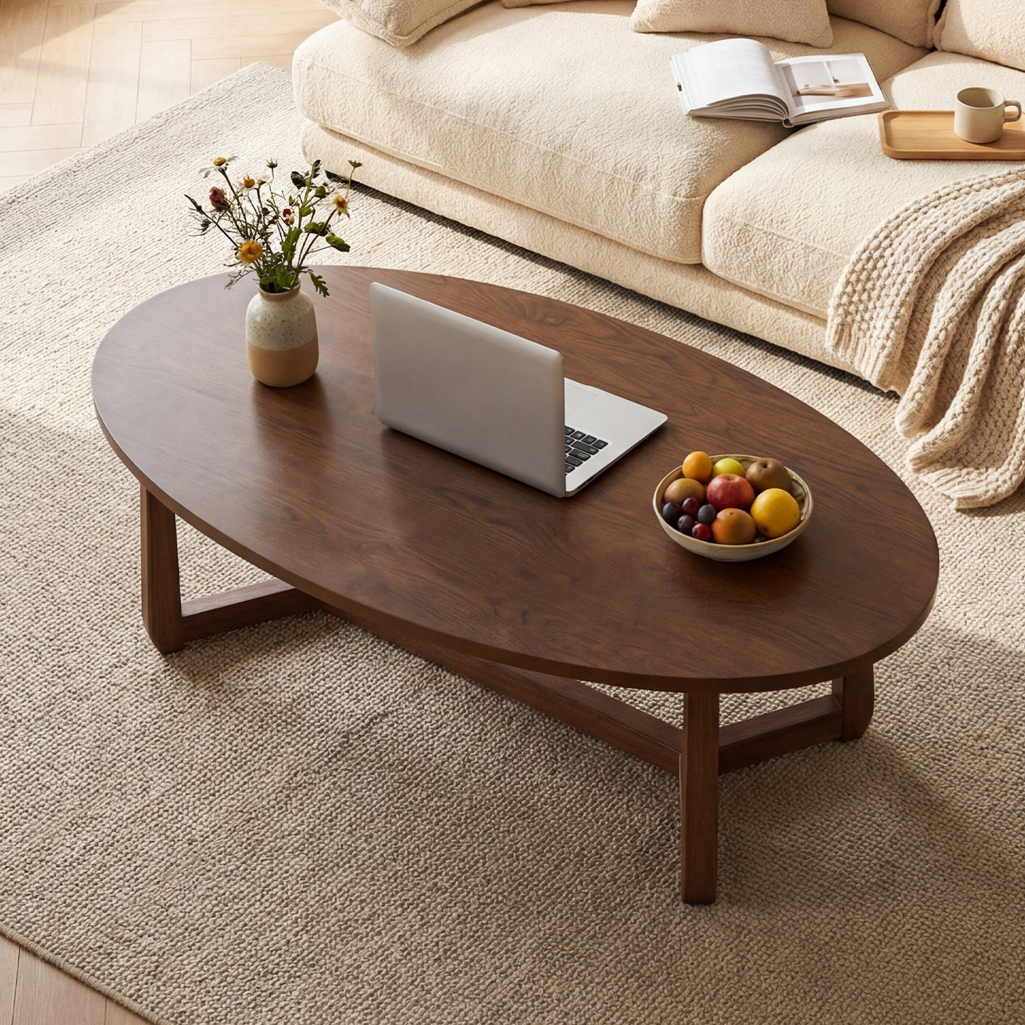 Oval Coffee Table 46 Inches Wooden Accent Table with Thickened Top-Natural
