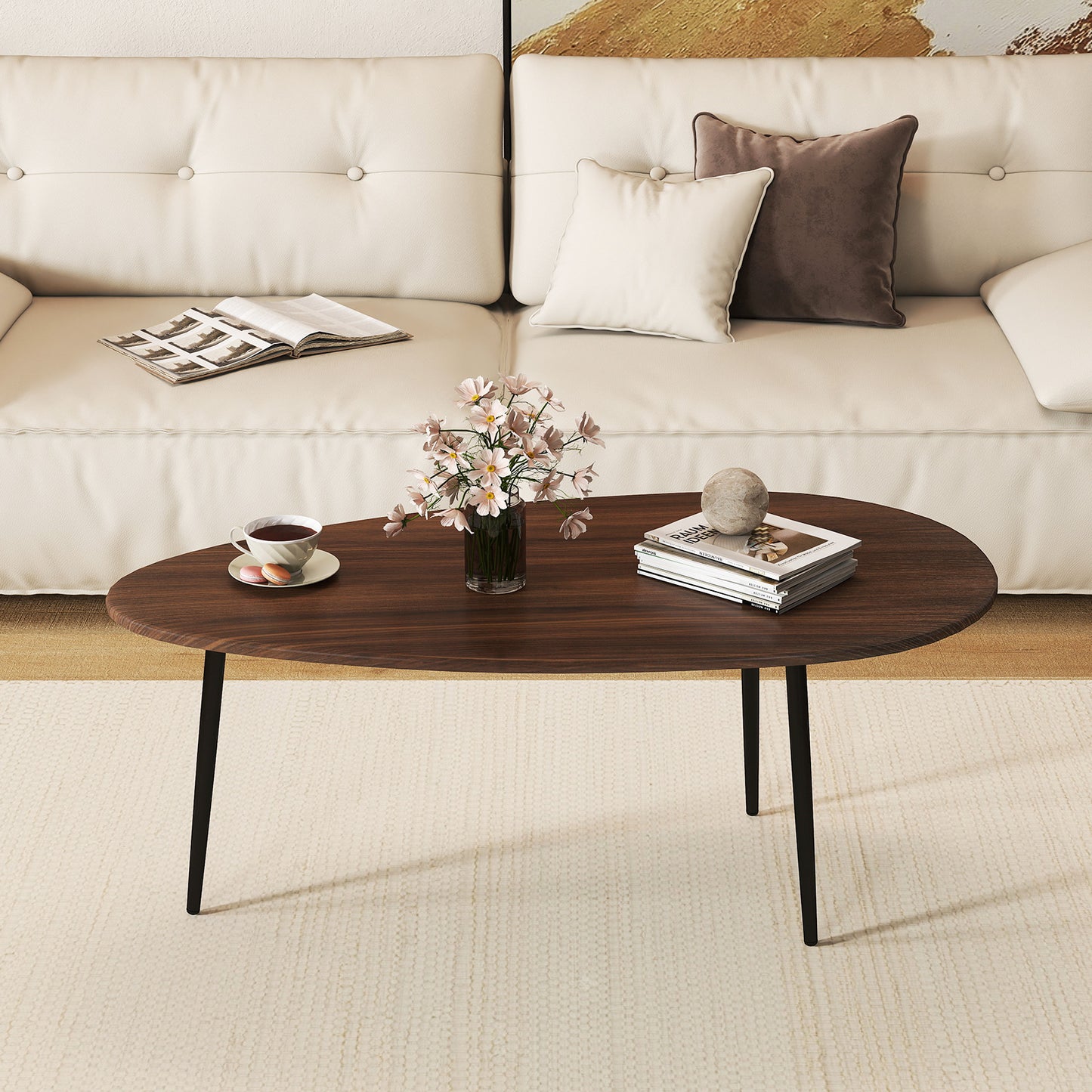 Oval Coffee Table Mid Century Center Table with Sturdy Metal Construction-Natural