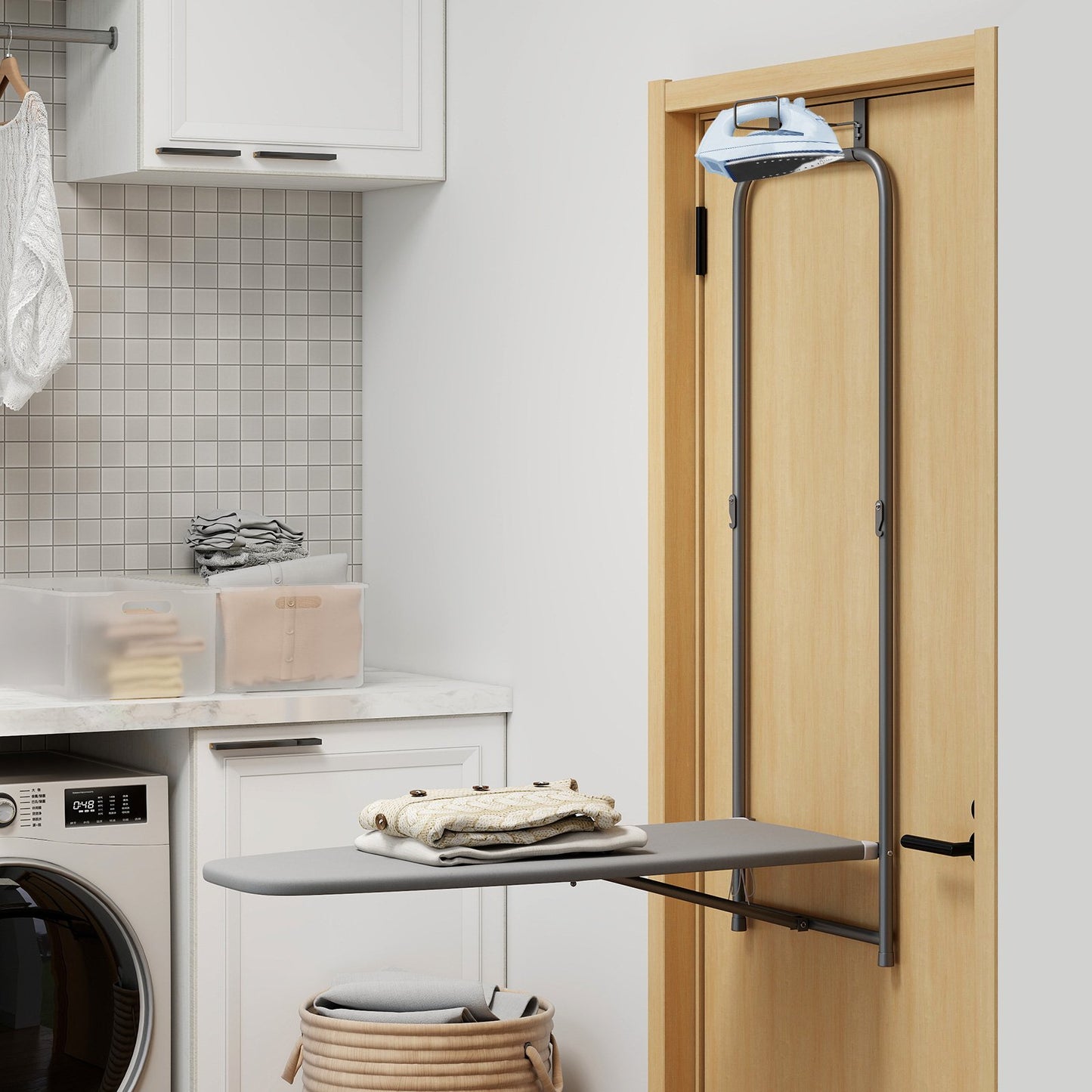 Over the Door Ironing Board Space-Saving Metal Hanging Ironing Board-Gray