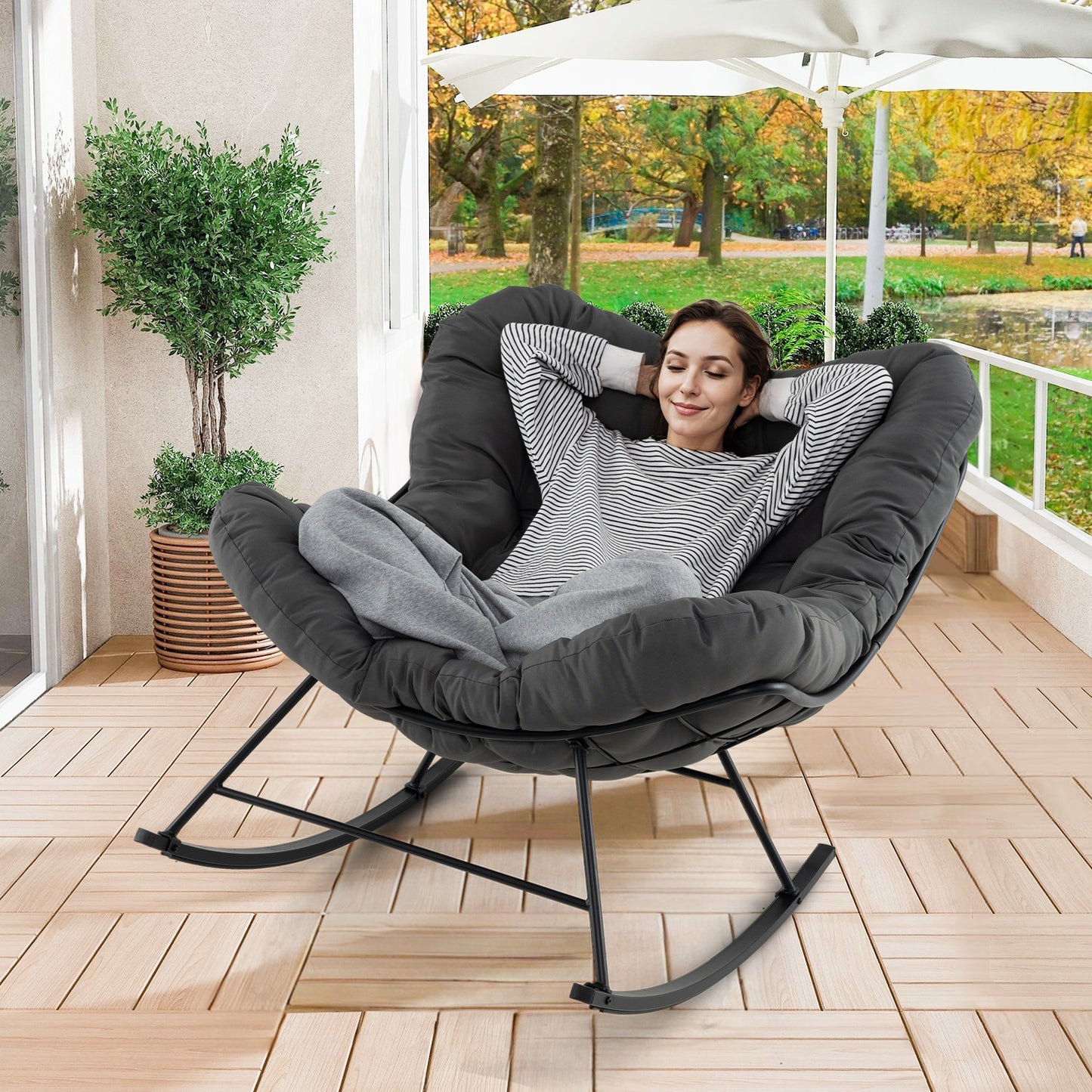 Oversized Egg Papasan Chair with Padded Cushion for Porch-Beige