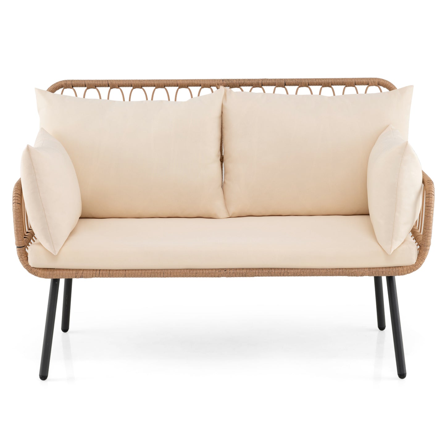 Beige PE rattan patio loveseat with two cushions, outdoor 2-seater sofa for patio or garden relaxation.