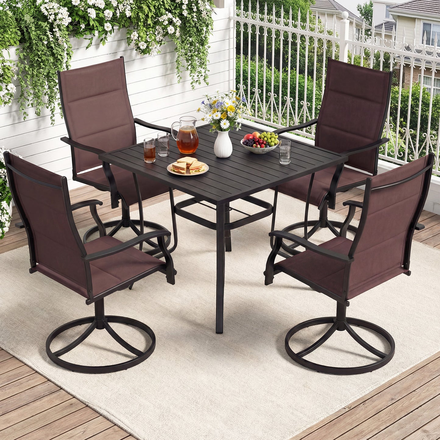 Padded Patio Swivel Chairs Set of 2 Ergonomic Outdoor Dining Chairs with Breathable Fabric-Black