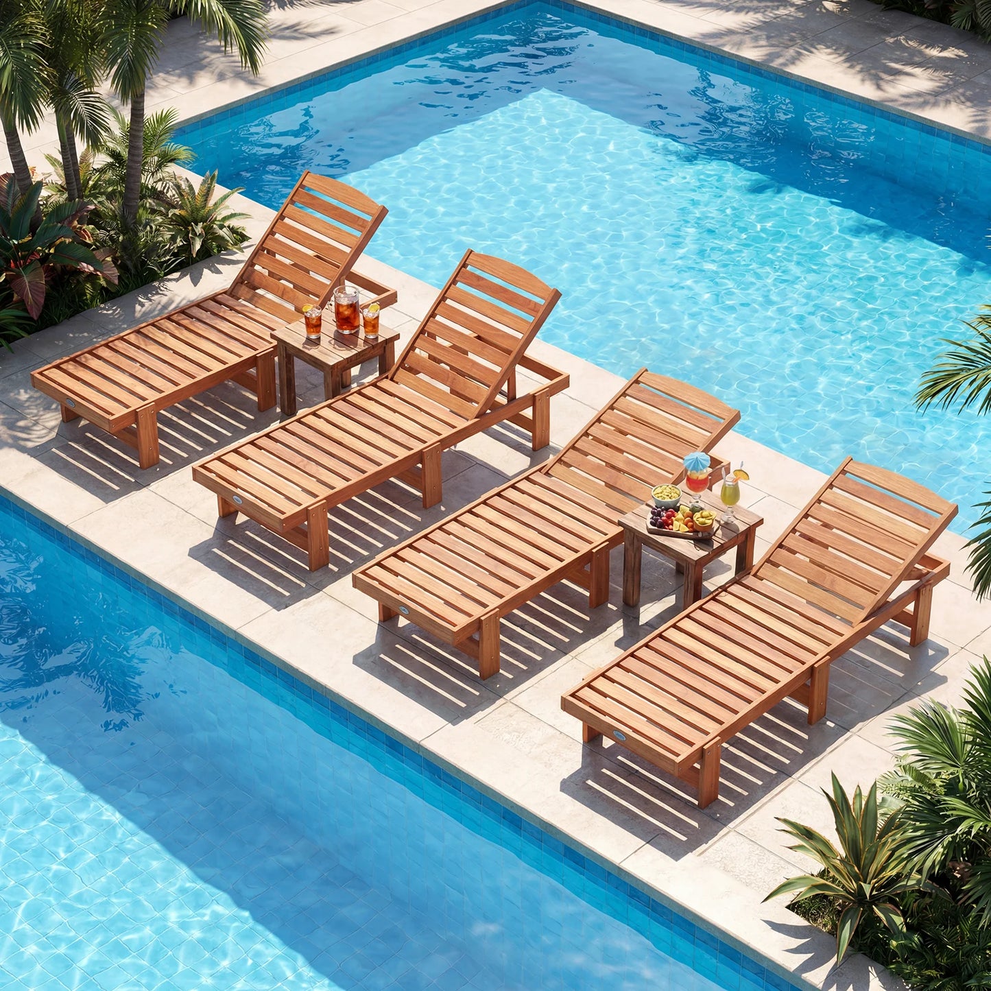 Patio Chaise Lounge Chair Solid Wood Slatted Recliner with Adjustable Backrest-Set of 2
