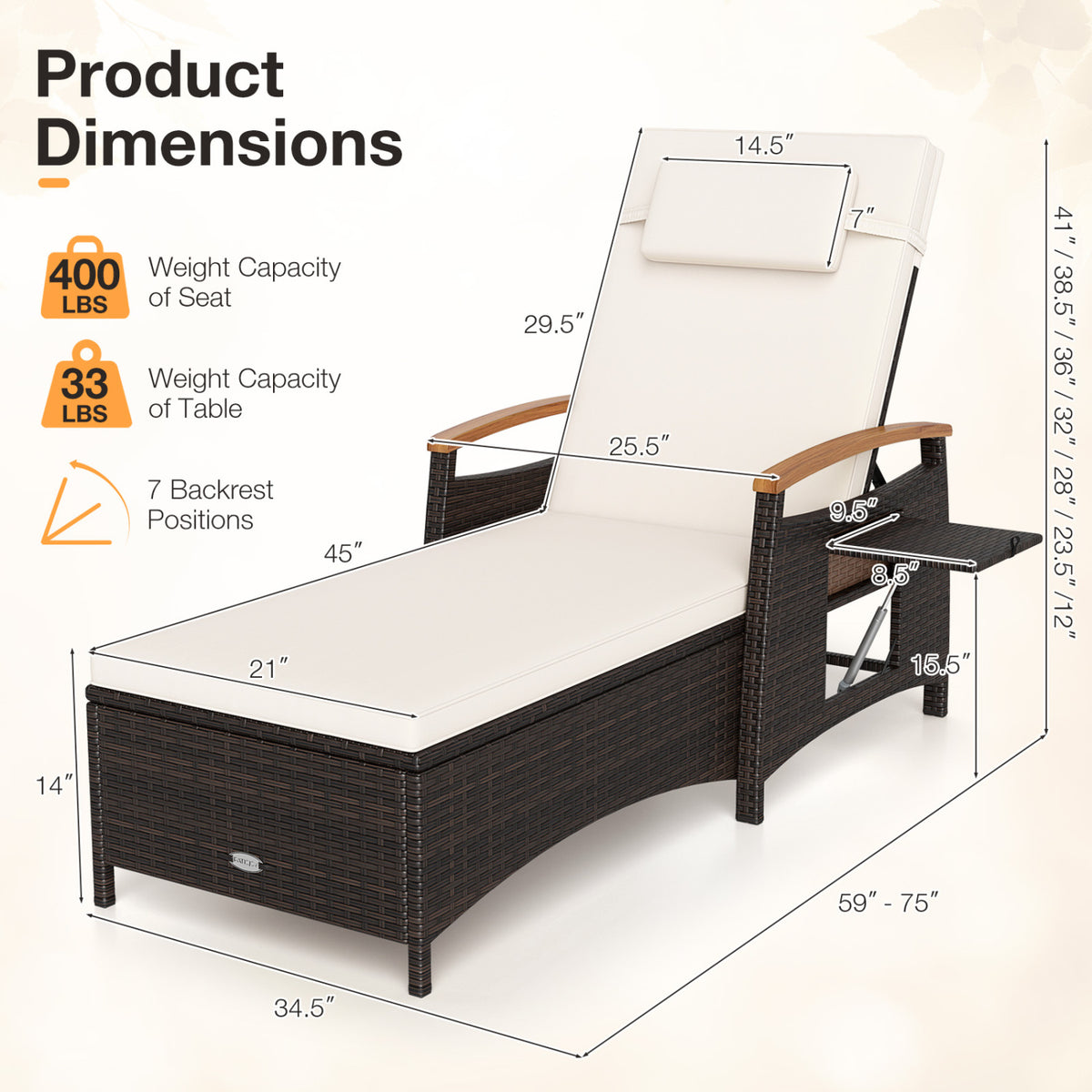 Patio Chaise Lounge with 7-Level Adjustable Backrest and Removable Cushion for Poolside-White