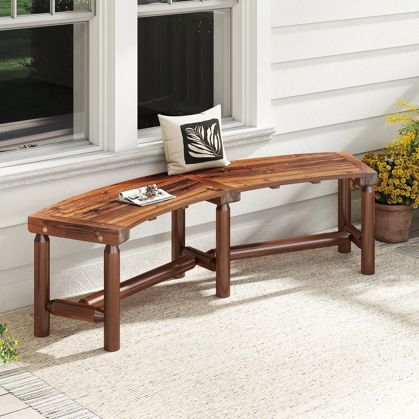 Patio Curved Bench Solid Wood Fire Pit Bench Outdoor Backless Loveseat-Natural