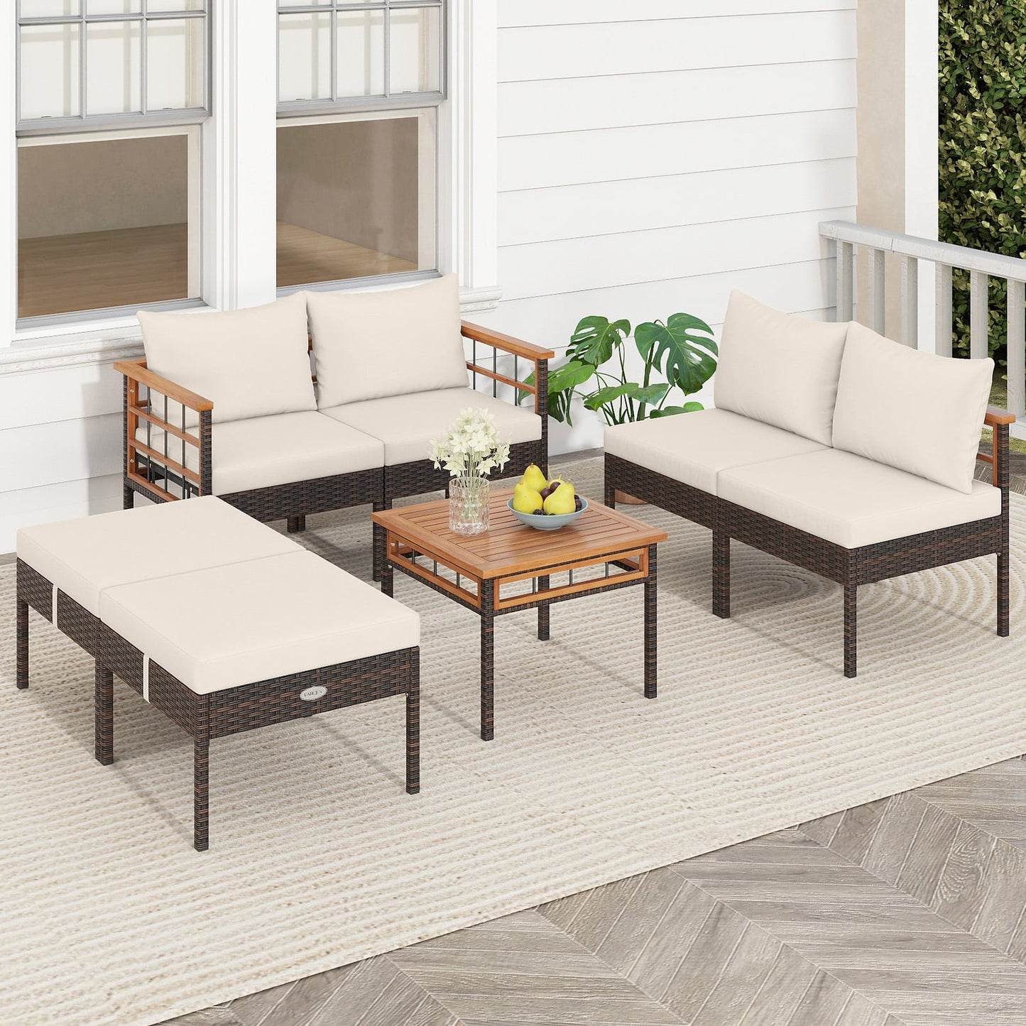 Patio Rattan Chairs with Ottomans and Side Table for Backyard-WH+