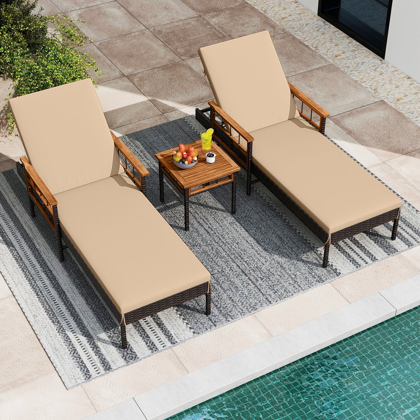Patio Rattan Chaise Lounge with Side Table and Adjustable Backrest-WH