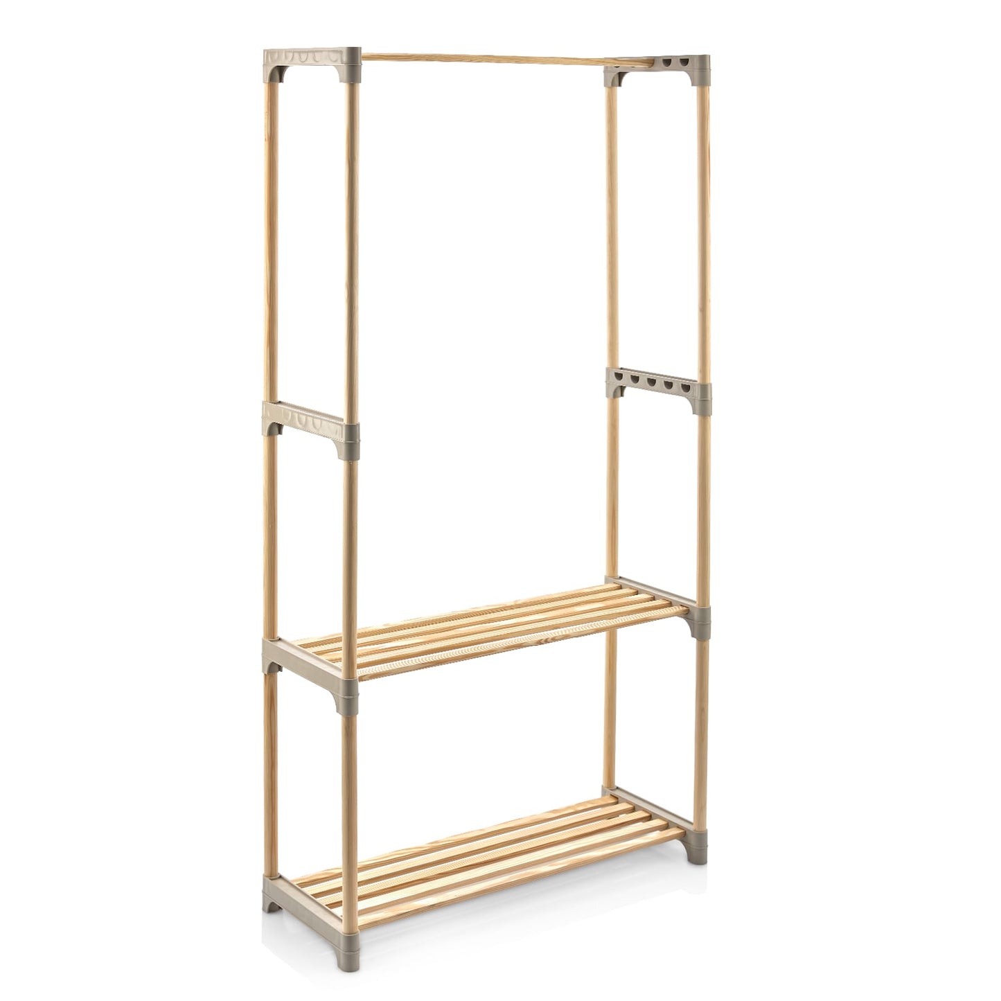 Pine Wood Clothes Rack with 2-Tier Open Storage Shelf for Hanging Clothes-Gray
