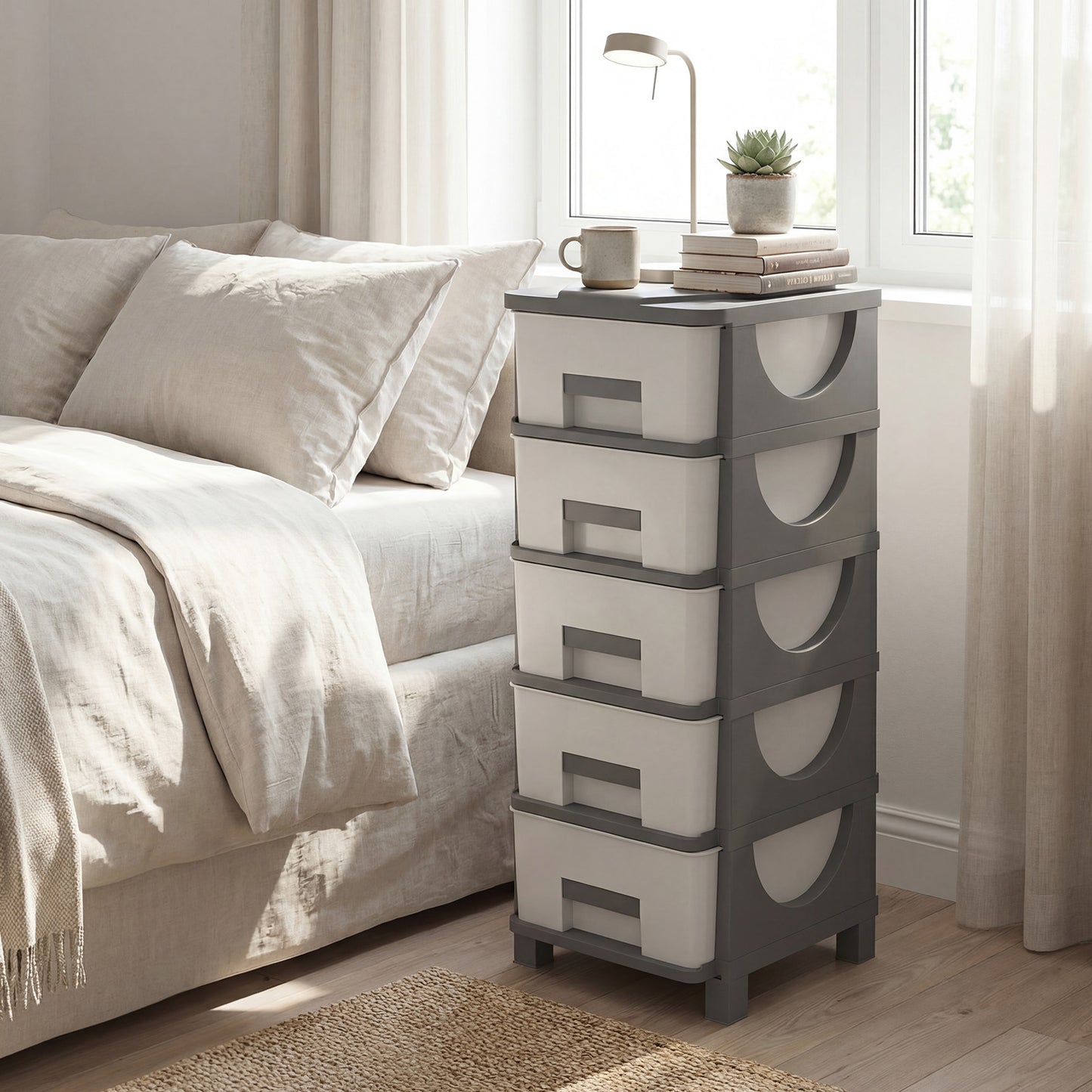 Plastic Storage Organizer with Handles and Compact Drawer Cabinet Side Table for Bedroom-Gray