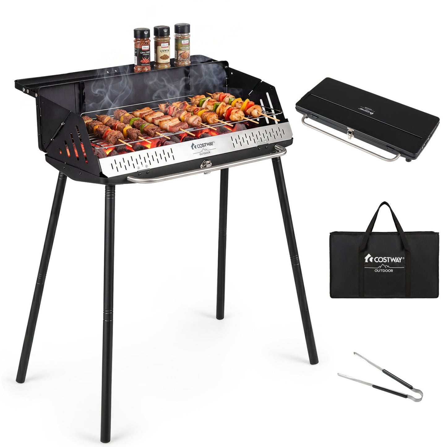 Portable charcoal grill with adjustable grate and detachable legs, shown with carrying bag for outdoor grilling convenience.