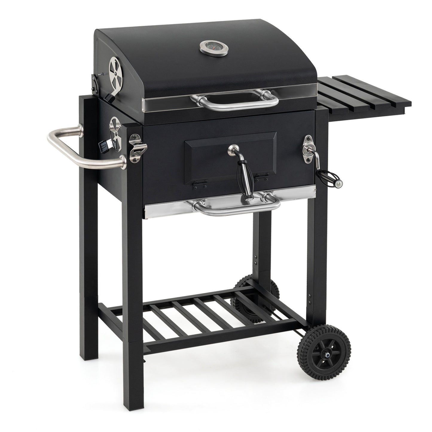 Black portable outdoor barbecue grill with adjustable charcoal tray and wheels, perfect for outdoor cooking and grilling.