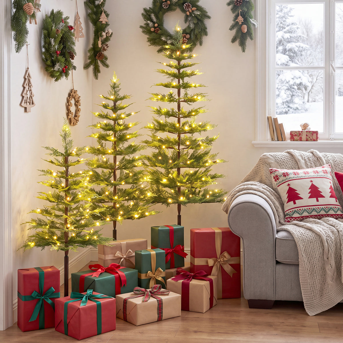 Pre-Lit Cypress Christmas Tree Set of 3 with 75 + 142 + 226 PE Branch Tips and 50 + 70 + 100 LED Lights