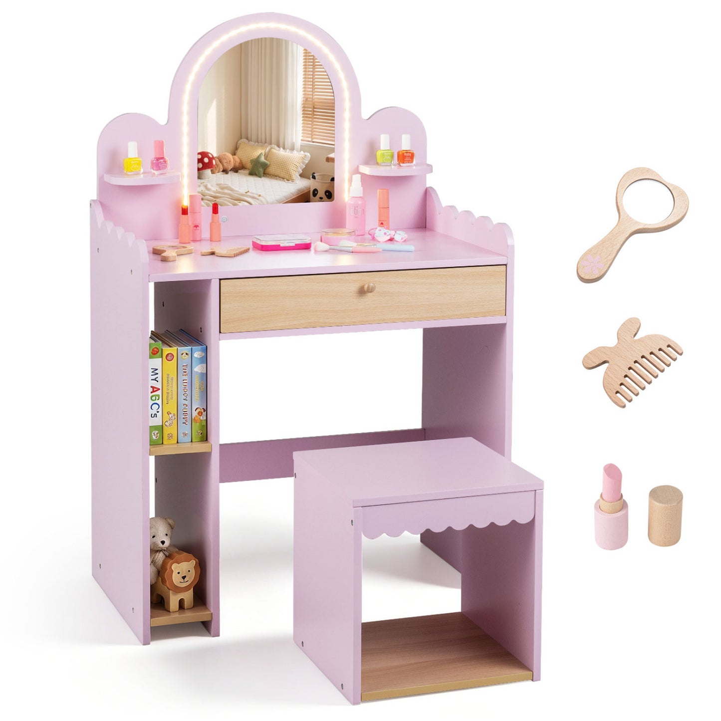 Pink pretend makeup dressing table set for kids with two small shelves and compartments, ideal for toddler and kid vanity play.