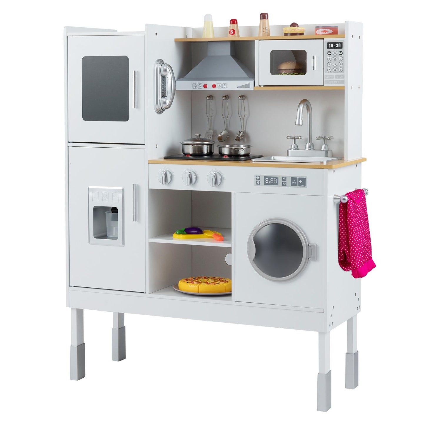 Pretend Play Kitchen Toy Kitchen Playset with Range Hood Ice Maker and Telephone-Light Pink