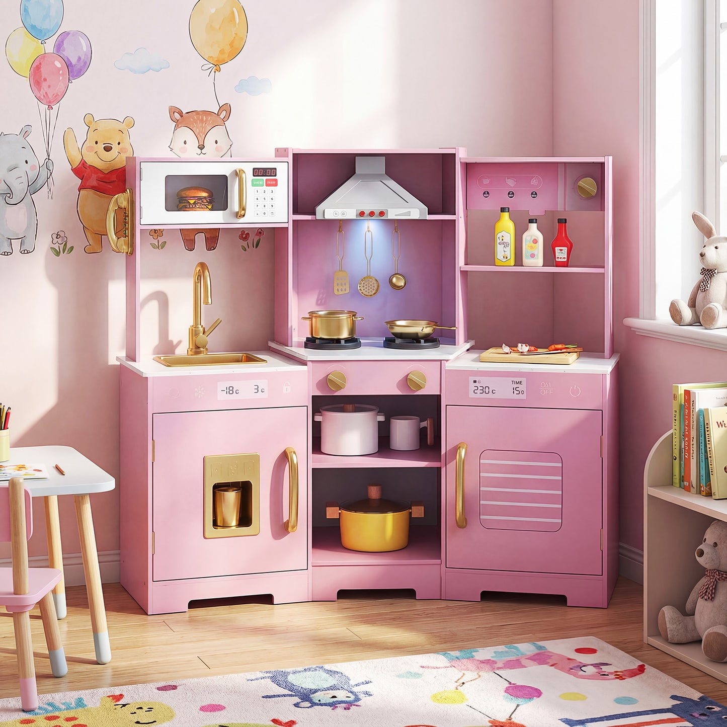 Pretend Play Kitchen Wooden Toy Set with Range Hood Real Sounds and Lights-Pink